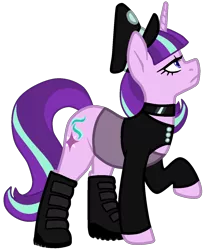 Size: 1225x1450 | Tagged: safe, artist:/d/non, derpibooru import, starlight glimmer, pony, unicorn, alternate hairstyle, boots, cap, choker, clothes, eyelashes, female, goth, hat, hilarious in hindsight, lidded eyes, mare, military goth, shoes, simple background, starlight himmler, transparent background