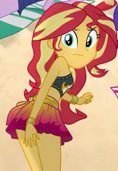 Size: 469x681 | Tagged: safe, artist:charliexe, derpibooru import, edit, sunset shimmer, equestria girls, equestria girls series, forgotten friendship, adorasexy, ass, attached skirt, beach, black swimsuit, breasts, bunset shimmer, butt, clothes, cropped, cute, cutie mark swimsuit, embarrassed, female, jeweled swimsuit, looking at you, looking over shoulder, midriff, sand, schrödinger's pantsu, sexy, skirt, solo, summer sunset, swimsuit, thighs, upskirt denied