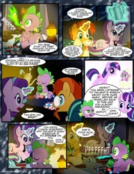 Size: 1275x1650 | Tagged: safe, artist:dsana, derpibooru import, spike, starlight glimmer, sunburst, trixie, twilight sparkle, dragon, pony, unicorn, comic:the shadow shard, baby, baby spike, card game, comic, dialogue, egg, eyes closed, female, filly, filly twilight sparkle, fire, firebreathing, fireplace, gem, glowing horn, lamp, magic, male, mare, prone, speech bubble, spit take, stallion, teapot, younger