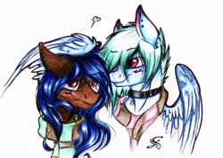 Size: 1024x729 | Tagged: safe, artist:scootiegp, derpibooru import, oc, oc:blue, oc:greeny, unofficial characters only, pegasus, pony, blushing, bust, choker, clothes, ear piercing, earring, female, heart, jewelry, looking at each other, male, mare, necklace, pentagram, piercing, portrait, scarf, signature, simple background, smiling, stallion, white background