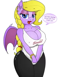 Size: 3000x4000 | Tagged: suggestive, artist:an-tonio, artist:pananovich, derpibooru import, edit, oc, oc:flourish glade, unofficial characters only, anthro, bat pony, bat pony oc, big breasts, bimbo, blonde, blonde hair, breasts, clothes, ear piercing, erect nipples, fangs, female, lipstick, nipple outline, pants, piercing, solo, solo female, wings, yoga pants