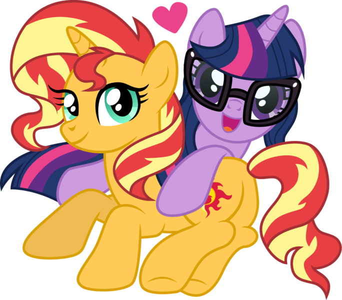 Size: 1140x1000 | Tagged: safe, artist:cloudyglow, derpibooru import, sci-twi, sunset shimmer, twilight sparkle, ponified, pony, unicorn, equestria girls ponified, female, glasses, heart, lesbian, looking at you, mare, prone, scitwishimmer, shipping, simple background, smiling, sunsetsparkle, transparent background