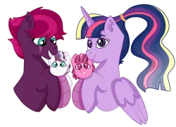 Size: 3473x2502 | Tagged: safe, artist:magsalis, derpibooru import, fizzlepop berrytwist, tempest shadow, twilight sparkle, twilight sparkle (alicorn), oc, alicorn, pegasus, pony, unicorn, my little pony: the movie, family, female, foal, hoof hold, lesbian, magical lesbian spawn, mare, offspring, parent:tempest shadow, parent:twilight sparkle, parents:tempestlight, rainbow power, shipping, smiling, tempestlight