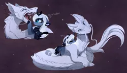 Size: 3878x2220 | Tagged: safe, artist:magnaluna, derpibooru import, princess luna, oc, oc:zefiroth, alicorn, dragon, pony, alternate design, brown background, canon x oc, fangs, female, heart, male, mare, sharp teeth, shipping, simple background, sleeping, straight, teeth