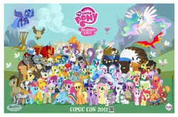 Size: 2048x1353 | Tagged: safe, derpibooru import, official, ace, ace point, aloe, angel bunny, apple bloom, applejack, berry punch, berryshine, big macintosh, bon bon, braeburn, carrot cake, carrot top, cheerilee, cherry berry, chief thunderhooves, cup cake, daisy, derpy hooves, diamond tiara, doctor whooves, donut joe, dumbbell, fido, flower wishes, fluttershy, gilda, golden harvest, granny smith, gummy, hoity toity, hoops, lily, lily valley, little strongheart, lotus blossom, lyra heartstrings, mayor mare, minuette, octavia melody, opalescence, owlowiscious, philomena, photo finish, pinkie pie, pipsqueak, pokey pierce, prince blueblood, princess celestia, princess luna, rainbow dash, rainbowshine, rarity, roseluck, rover, sapphire shores, savoir fare, scootaloo, silver spoon, snails, snips, soarin', spike, spitfire, spot, steven magnet, sweetie belle, sweetie drops, time turner, trixie, twilight sparkle, twist, vinyl scratch, winona, zecora, alicorn, alligator, buffalo, cat, diamond dog, dog, earth pony, gryphon, hydra, owl, parasprite, pegasus, phoenix, pony, rabbit, sea serpent, unicorn, zebra, 2011, canterlot, colt, comic con, cutie mark crusaders, female, filly, flying, hub logo, joe, male, mane seven, mane six, mare, multiple heads, my little pony logo, ponyville, poster, royal guard, scooter, score, shadowbolts, spa twins, stallion, wall of tags