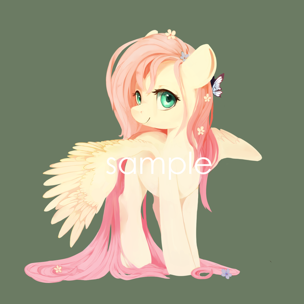 Size: 1500x1500 | Tagged: safe, artist:haidiannotes, derpibooru import, edit, fluttershy, butterfly, pegasus, pony, colored pupils, female, flower, flower in hair, green background, looking at you, mare, simple background, solo, spread wings, watermark, wings