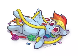 Size: 1616x1154 | Tagged: safe, artist:dawnfire, derpibooru import, rainbow dash, pegasus, pony, belly, belly button, blushing, chubby, cute, dashabetes, fat, female, holiday, mare, rainblob dash, silly, silly pony, solo, tangled up, tubby wubby pony waifu, wings