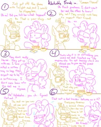 Size: 4779x6013 | Tagged: safe, artist:adorkabletwilightandfriends, derpibooru import, moondancer, pinkie pie, twilight sparkle, pony, comic:adorkable twilight and friends, absurd resolution, adorkable, adorkable friends, adorkable twilight, caught in a lie, comic, common, common thread, cute, dork, emotion, feelings, food, friends, friendship, glasses, lie, lineart, lying, nervous, nervous grin, slice of life, smiling, soup