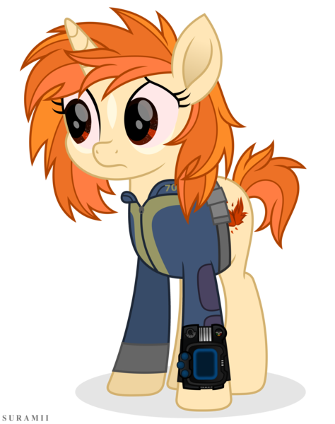 Size: 4590x5808 | Tagged: absurd resolution, artist:suramii, clothes, derpibooru import, fallout equestria, female, movie accurate, oc, oc:attyla, pipbuck, sad, safe, simple background, solo, transparent background, unofficial characters only, vault suit