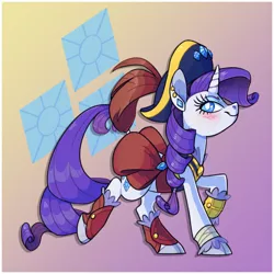 Size: 1200x1200 | Tagged: safe, artist:xenon, derpibooru import, rarity, pony, unicorn, my little pony: the movie, clothes, cloven hooves, cutie mark, cutie mark background, female, gradient background, hat, looking at you, mare, pirate, pirate hat, pirate rarity, solo, unshorn fetlocks