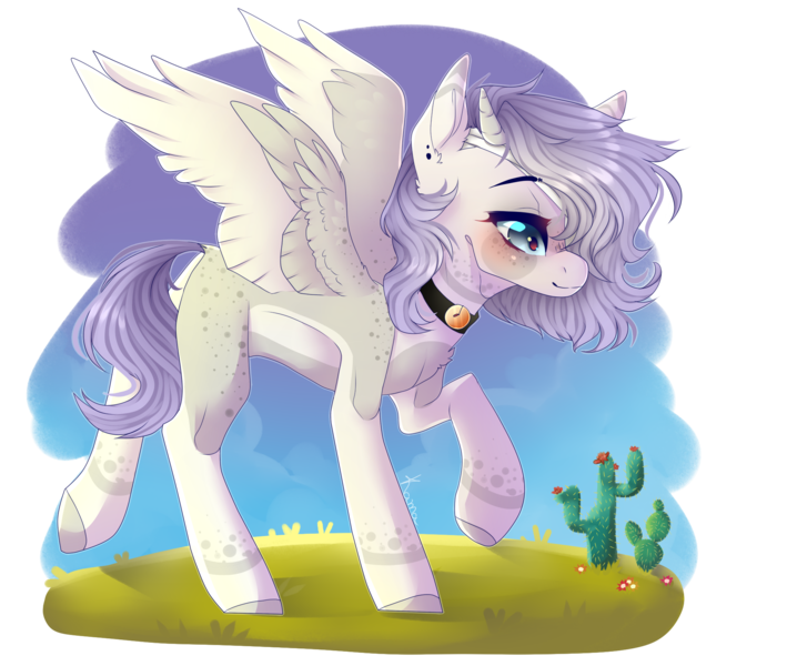 Size: 2000x1650 | Tagged: safe, artist:skimea, derpibooru import, oc, oc:mayumi, unofficial characters only, pegasus, pony, art trade, cactus, choker, female, horns, mare, raised hoof, smiling, solo