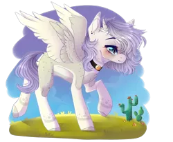 Size: 2000x1650 | Tagged: safe, artist:skimea, derpibooru import, oc, oc:mayumi, unofficial characters only, pegasus, pony, art trade, cactus, choker, female, horns, mare, raised hoof, smiling, solo