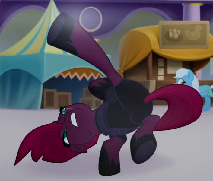 Size: 720x612 | Tagged: acrobatics, armor, butt, combat, cropped, derpibooru import, eye scar, fight, hoof shoes, kicking, my little pony: the movie, plot, safe, scar, screencap, tempest shadow, underhoof