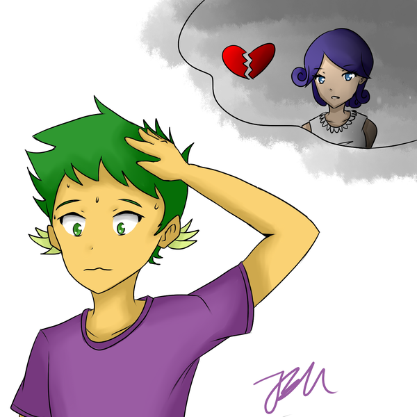 Size: 1500x1500 | Tagged: artist:jaybeaniemags, derpibooru import, heartbreak, human, humanized, human spike, imagination, rarity, safe, simple background, solo, spike, white background