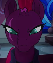 Size: 675x803 | Tagged: safe, derpibooru import, screencap, tempest shadow, pony, unicorn, my little pony: the movie, angry, armor, beautiful, broken horn, cracked horn, cropped, eye scar, female, frown, furious, horn, irritated, looking down, mare, mohawk, narrowed eyes, opal eyes, scar, scowl, solo, stained glass, throne room