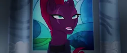 Size: 1920x804 | Tagged: armor, broken horn, calm, canterlot castle, cracked horn, derpibooru import, female, lidded eyes, mohawk, my little pony: the movie, narrowed eyes, safe, screencap, solo, stained glass, tempest shadow