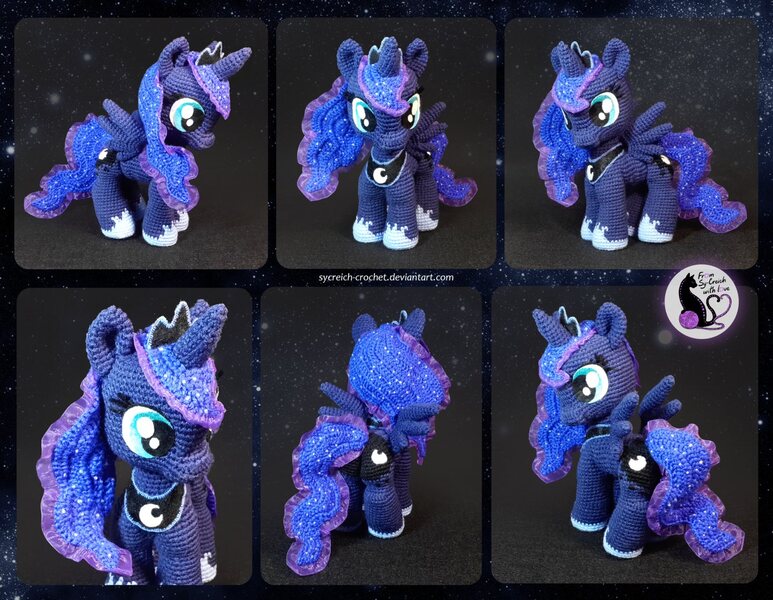 Size: 1486x1154 | Tagged: safe, artist:sycreich-crochet, derpibooru import, princess luna, alicorn, pony, amigurumi, crochet, female, irl, jewelry, mare, photo, plushie, regalia, solo, spread wings, wings