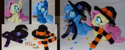 Size: 1024x410 | Tagged: safe, artist:my-little-plush, derpibooru import, fluttershy, princess luna, alicorn, pony, clothes, colored pupils, duo, female, folded wings, hat, irl, jewelry, mare, photo, plushie, regalia, s1 luna, scarf, watermark