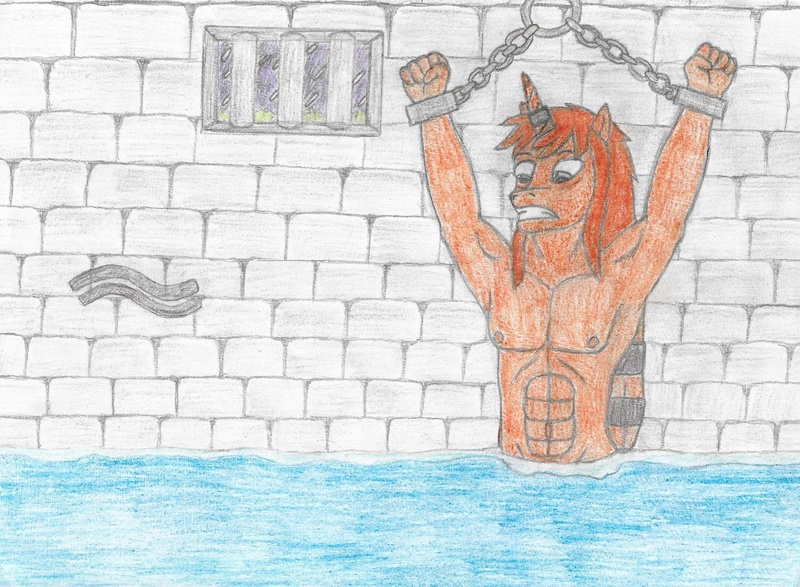 Size: 2235x1639 | Tagged: anthro, armpits, artist:saucyfruit, bondage, derpibooru import, dungeon, fetish, horn ring, magic suppression, male, oc, oc:courageous heart, peril, semi-grimdark, shackles, solo, solo male, suggestive, torture, traditional art, unofficial characters only, water, water torture