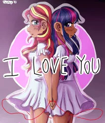 Size: 2975x3500 | Tagged: safe, artist:mylittleyuri, derpibooru import, sunset shimmer, twilight sparkle, human, equestria girls, back to back, blue hair, blushing, breasts, clothes, crying, dark skin, digital art, dress, eyelashes, female, holding hands, humanized, lesbian, long hair, looking back, love, multicolored hair, pink hair, purple hair, red hair, shipping, sunsetsparkle, yellow hair