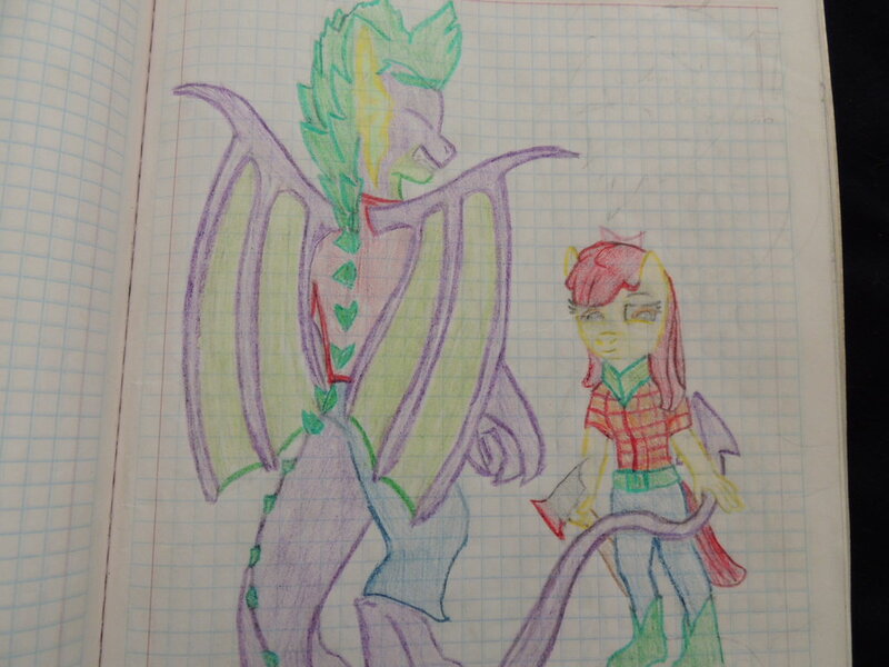 Size: 1024x768 | Tagged: safe, artist:piolloverdades, derpibooru import, apple bloom, spike, anthro, dragon, axe, clothes, drawing, female, graph paper, lined paper, male, notebook, older, older apple bloom, older spike, pants, prehensile tail, shipping, spikebloom, straight, traditional art, weapon, winged spike