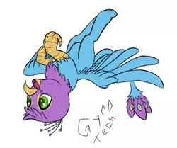 Size: 284x237 | Tagged: safe, artist:arcanebolt32, artist:gyrotech, color edit, deleted from derpibooru, derpibooru import, edit, oc, oc:gyro feather, oc:gyro tech, unofficial characters only, gryphon, colored, flying, griffonized, pillow, simple background, species swap, white background