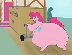 Size: 1280x981 | Tagged: anthro, artist:astr0zone, belly, big belly, box, candy, derpibooru import, fat, female, food, huge belly, huge butt, impossibly large butt, large belly, large butt, morbidly obese, obese, piggy pie, pinkie pie, pudgy pie, pushing, safe, solo, struggle, sweat, sweets, trolley