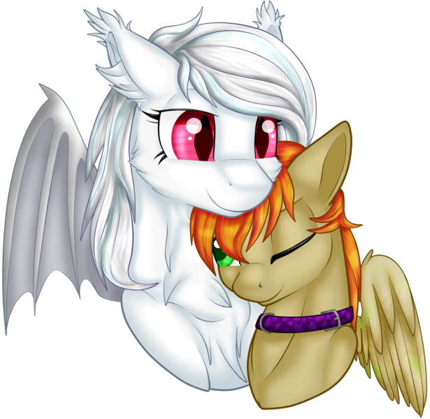 Size: 2500x2439 | Tagged: safe, artist:gleamydreams, derpibooru import, oc, oc:monty pone, oc:wynter skye, unofficial characters only, bat pony, collar, female, lesbian, mare, red eyes, simple background, transparent background, wings, ych result