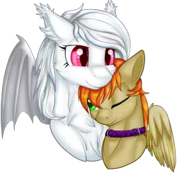 Size: 2500x2439 | Tagged: safe, artist:gleamydreams, derpibooru import, oc, oc:monty pone, oc:wynter skye, unofficial characters only, bat pony, collar, female, lesbian, mare, red eyes, simple background, transparent background, wings, ych result