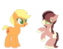 Size: 610x477 | Tagged: safe, artist:iminitelakes, derpibooru import, applejack, oc, oc:snapdragon, earth pony, pony, alternate hairstyle, colored pupils, female, mare, mother and daughter, offspring, older, parent:applejack, parent:troubleshoes clyde, parents:troublejack, rearing, short hair, short mane, short tail, simple background, transparent background