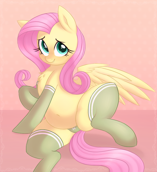 Size: 968x1060 | Tagged: suggestive, artist:toroitimu, derpibooru import, fluttershy, pegasus, pony, adorasexy, belly, belly button, chest fluff, chubby, clothes, colored pupils, cute, female, green underwear, mare, panties, pink background, plump, raised hoof, raised leg, ribbon, sexy, shyabetes, simple background, sitting, smiling, socks, solo, solo female, stockings, thigh highs, underwear, wings