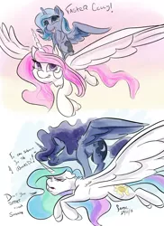 Size: 2400x3296 | Tagged: safe, artist:firimil, derpibooru import, princess celestia, princess luna, alicorn, pony, aladdin, dialogue, female, filly, flying, mare, pink-mane celestia, ponies riding ponies, royal sisters, smiling, those days are over, woona, younger