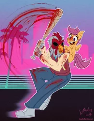 Size: 1062x1365 | Tagged: grimdark, artist:lil miss jay, derpibooru import, scootaloo, bat, human, pegasus, pony, 80s, blood, chicken mask, clothes, duo, female, grimcute, happy, hotline miami, jacket, male, mask, open mouth, pants, richard, shoes, smiling, synthwave, video game, violence, weapon