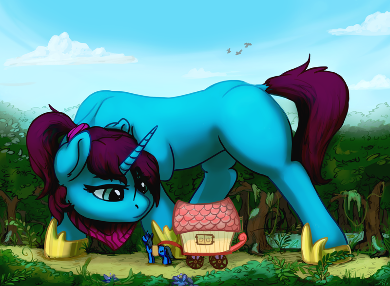 Size: 1600x1172 | Tagged: safe, artist:penny-wren, derpibooru import, oc, oc:altus bastion, unofficial characters only, pony, unicorn, blank flank, commission, giant pony, giant unicorn, macro, size difference, wagon