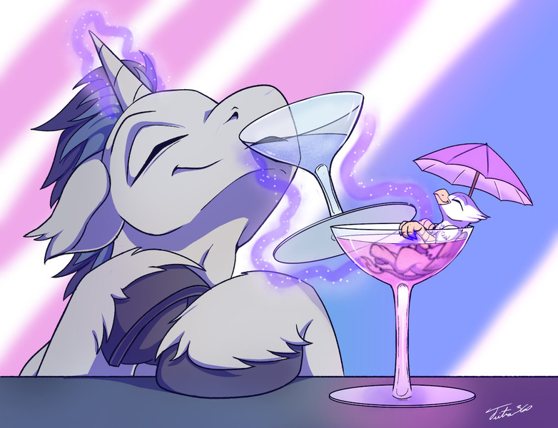 Size: 1200x921 | Tagged: safe, artist:tsitra360, derpibooru import, oc, oc:der, oc:verlo streams, unofficial characters only, gryphon, unicorn, alcohol, cocktail glass, drink, drunk, duo, glowing horn, magic, male, micro, simple background, telekinesis, umbrella, underhoof, unshorn fetlocks