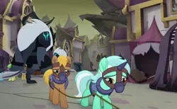 Size: 845x521 | Tagged: background pony, bound together, canterlot, collar, cropped, derpibooru import, harness, horn cap, lyra heartstrings, magic suppression, muzzle, my little pony: the movie, ruins, sad, safe, screencap, slavery, storm guard, tack