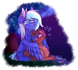 Size: 2272x2049 | Tagged: safe, artist:honeybbear, derpibooru import, oc, oc:heart sketch, oc:starlight starbright, unofficial characters only, pegasus, pony, unicorn, chest fluff, female, heart, high res, hug, lesbian, looking up, mare, night, oc x oc, prone, shipping, smiling, winghug