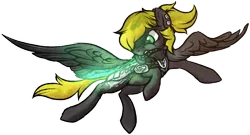 Size: 1024x554 | Tagged: safe, artist:amura-of-jupiter, derpibooru import, oc, oc:veen sundown, unofficial characters only, horse, pegasus, pony, angry, armor, demon hunter, female, fight, flying, green eyes, magic, mare, ponytail, simple background, solo, sundown clan, sword, transparent background, weapon