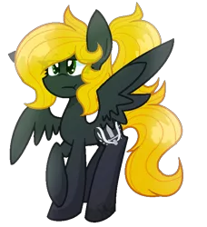 Size: 610x668 | Tagged: safe, derpibooru import, oc, oc:veen sundown, unofficial characters only, horse, pegasus, pony, adorable face, bleh, blonde, cute, female, green eyes, mare, meh, ponytail, spread wings, standing, sundown clan, unamused, wings