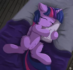 Size: 1280x1230 | Tagged: safe, artist:php80, derpibooru import, edit, twilight sparkle, twilight sparkle (alicorn), alicorn, pony, bed, belly button, blanket, cute, ear fluff, explicit source, eyes closed, female, fluffy, hug, night, pillow, pillow hug, pubic fluff, sfw edit, sleeping, smiling, solo, twiabetes, wings