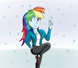 Size: 1500x1306 | Tagged: safe, artist:xethshade, derpibooru import, rainbow dash, equestria girls, clothes, earbuds, female, hand on hip, jacket, jogging, one eye closed, pants, peace sign, shoes, smiling, sneakers, snow, solo, sweatpants, wink