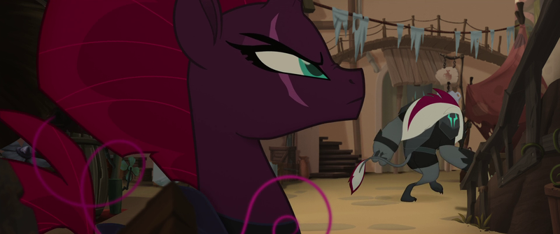 Size: 1920x804 | Tagged: safe, derpibooru import, screencap, tempest shadow, pony, my little pony: the movie, beautiful, broken horn, eye scar, female, hair, horn, implied pinkie pie, klugetown, mare, mohawk, scar, sniffing, solo focus, storm guard, tempest shadow's bodyguard