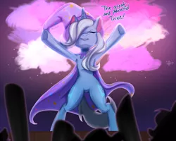 Size: 1987x1590 | Tagged: safe, artist:reiishn, derpibooru import, trixie, pony, unicorn, armpits, bipedal, cape, cheering, clothes, crowd, dialogue, eyes closed, female, hair over one eye, hat, mare, solo, stage, trixie's cape, trixie's hat