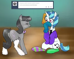 Size: 1280x1024 | Tagged: safe, artist:rflzqt, derpibooru import, octavia melody, vinyl scratch, earth pony, pony, unicorn, ask, bowtie, clothes, female, lesbian, mare, necktie, scratchtavia, shipping, smiling, socks, striped socks, tumblr, vinyl and octavia in romance