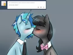 Size: 1024x768 | Tagged: safe, artist:rflzqt, derpibooru import, octavia melody, vinyl scratch, earth pony, pony, unicorn, ask, blushing, bowtie, eyes closed, female, gray background, kissing, lesbian, mare, necktie, scratchtavia, shipping, simple background, tumblr, vinyl and octavia in romance