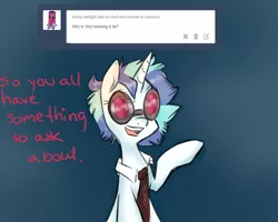 Size: 1280x1024 | Tagged: safe, artist:rflzqt, derpibooru import, vinyl scratch, pony, unicorn, ask, dialogue, female, glasses, mare, necktie, open mouth, raised hoof, solo, tumblr, vinyl and octavia in romance