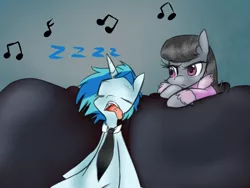 Size: 1024x768 | Tagged: safe, artist:rflzqt, derpibooru import, octavia melody, vinyl scratch, earth pony, pony, unicorn, ask, clothes, couch, eyes closed, female, lesbian, mare, music notes, necktie, open mouth, scratchtavia, shipping, sleeping, tongue out, tumblr, vinyl and octavia in romance, zzz