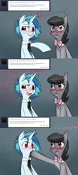 Size: 1024x2304 | Tagged: suggestive, artist:rflzqt, derpibooru import, octavia melody, vinyl scratch, earth pony, pony, unicorn, ..., ask, blushing, bowtie, comic, dialogue, female, gradient background, implied sex, lesbian, mare, necktie, open mouth, raised hoof, scratchtavia, shipping, smiling, tumblr, vinyl and octavia in romance