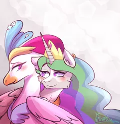 Size: 1772x1840 | Tagged: safe, artist:knesie, derpibooru import, princess celestia, queen novo, alicorn, classical hippogriff, hippogriff, pony, my little pony: the movie, blushing, cheek fluff, female, jewelry, lesbian, looking at each other, mare, novolestia, raised eyebrow, regalia, royalty, shipping, smiling