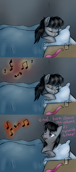 Size: 1280x2880 | Tagged: safe, artist:rflzqt, derpibooru import, octavia melody, earth pony, pony, bed, dialogue, eyes closed, female, implied vinyl scratch, mare, music notes, pillow, sleeping, solo, vinyl and octavia in romance